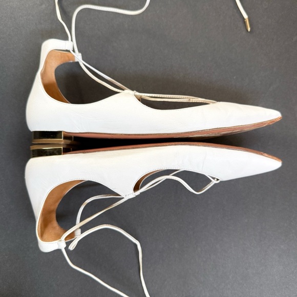 AQUAZZURA CHRISTY WHITE LEATHER LACE UP ANKLE WRAP POINTED TOE BALLET FLATS - Picture 4 of 15